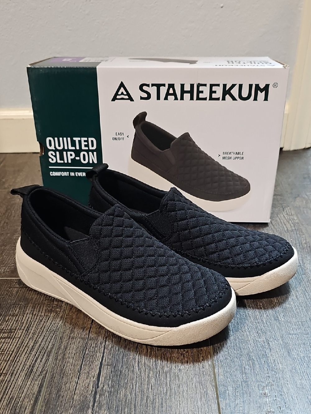 Staheekum Women's 8 Quilted Slip-On Sneakers in Black and Cream